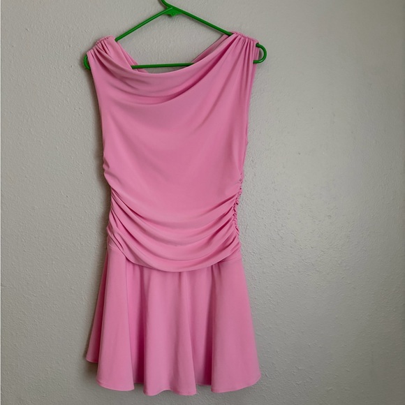 Aritzia Dresses & Skirts - Aritzia Pink Ruched Pink Off The Shoulder Drop Waist Mini Dress